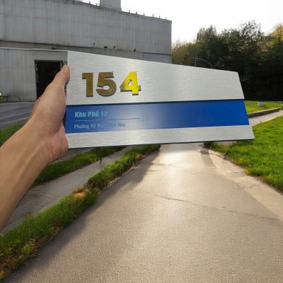 Bảng số nhà ALU bạc xước chữ nổi Mica gương vàng cao cấp ALSN07